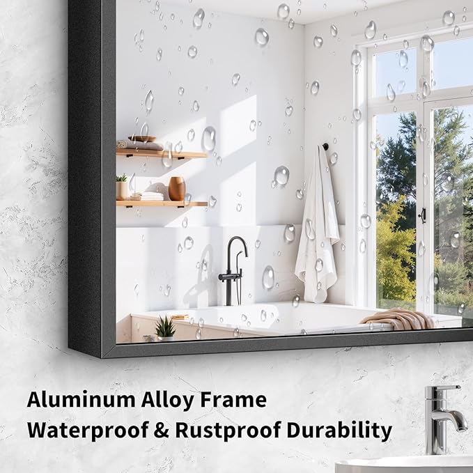 Koonmi Black Framed Bathroom Mirror - Shatterproof 36