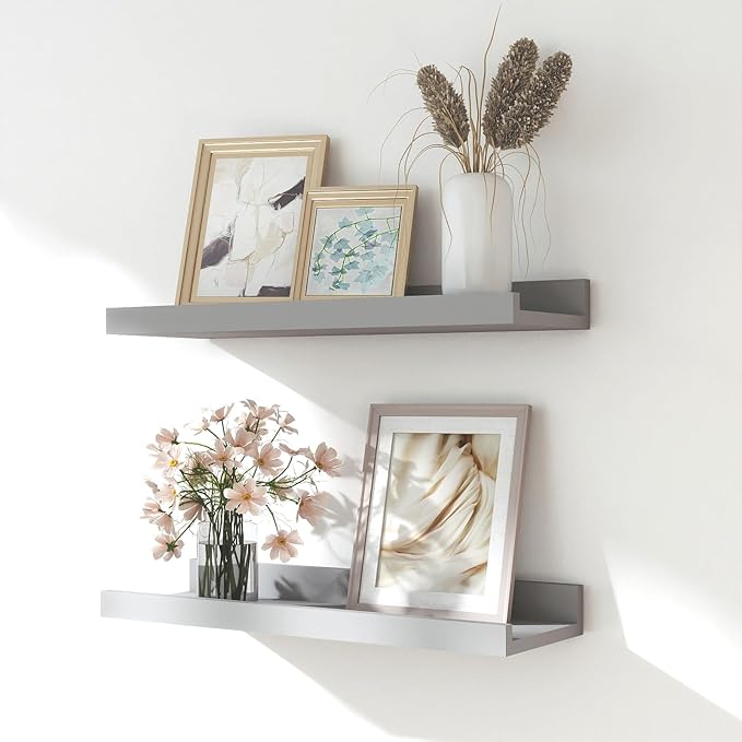 Floating Shelves for Wall Decor, Wall Mounted Wood Storage Shelf for Bedroom, Living Room, Bathroom, Kitchen, Nursery, Display Picture Ledge Shelf with Lip Set of 2-14 Inches, Grey