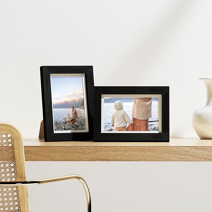 Vittanly 4x6 Picture Frames Set of 9, Shatter Resistant Plexiglass, Display 3.5x5 Pictures with Mat or 4x6 without Mat, Photo Frames for Wall or Tabletop, Engineered Wood, Black