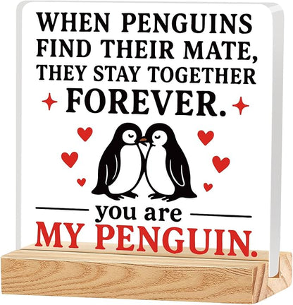 Valentines Desk Decor, Happy Valentine's Day Home Office Table Sign for Porch Tiered Tray Shelf Party, Rustic Romantic Acrylic Gifts Decorations for Him Her Wife,You Are My Penguin