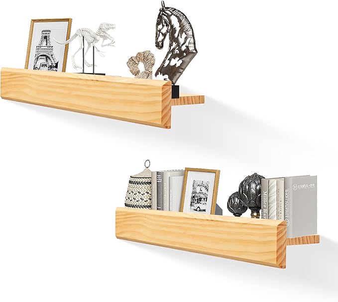 24 Inch Picture Ledge Shelf with Lip,Floating Shelves for Wall, Set of 2 Solid Pine Wood Shelves with Invisible Brackets, Wall Storage for Living Room, Bedroom, Kitchen, Bathroom(Nature Wood)