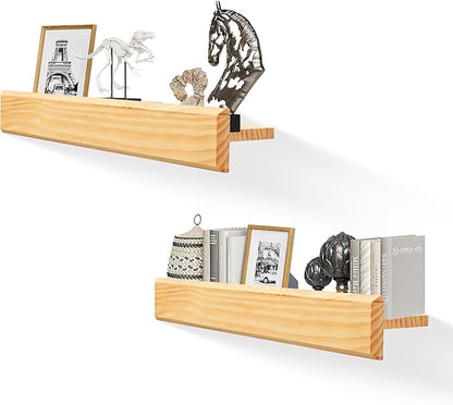 24 Inch Picture Ledge Shelf with Lip,Floating Shelves for Wall, Set of 2 Solid Pine Wood Shelves with Invisible Brackets, Wall Storage for Living Room, Bedroom, Kitchen, Bathroom(Nature Wood)