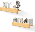 24 Inch Picture Ledge Shelf with Lip,Floating Shelves for Wall, Set of 2 Solid Pine Wood Shelves with Invisible Brackets, Wall Storage for Living Room, Bedroom, Kitchen, Bathroom(Nature Wood)