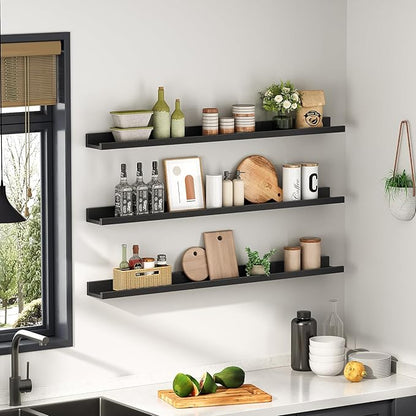HOOBRO Floating Shelves, Wall Shelf Set of 3, 47.2 Inches Hanging Shelf with Raised Edge and Invisible Brackets, for Bathroom, Bedroom, Kitchen, Office, Living Room Decor, Black BK92BJ01