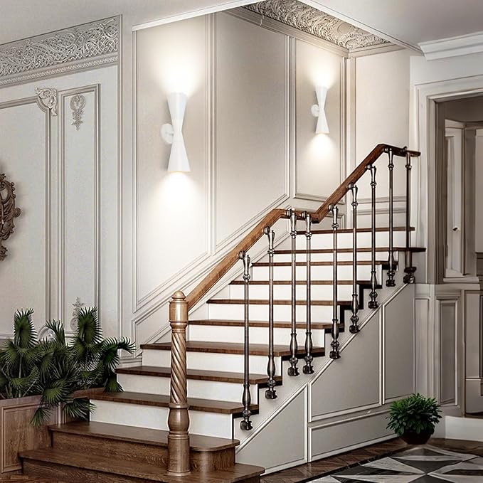 Modern Indoor Wall Sconces Set of 2 Up and Down White Wall Sconces Mid Century Indoor Wall Light Fixture Hardwired Wall Mounted Lamp for Living Room Bathroom Bedroom Hallway 15 Inch