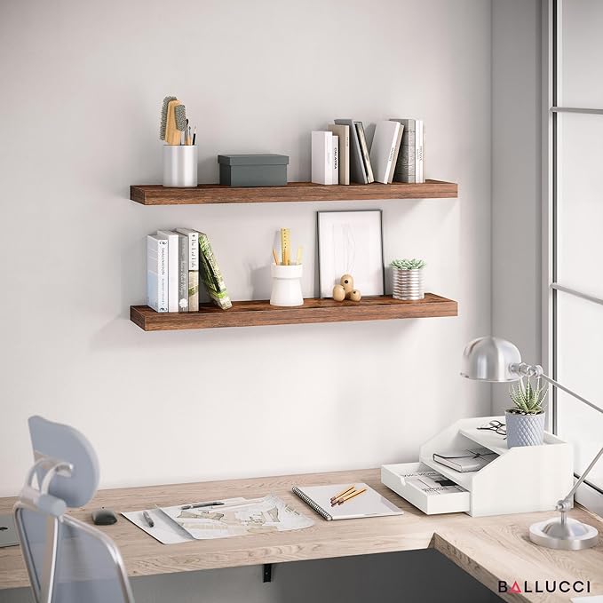 Ballucci Floating Shelves for Wall, 36" Wood Wall Shelf Set of 2, with Invisible Brackets for Bathroom, Living Room, Bedroom, Kitchen, Nursery, 8" Deep, Rustic Brown