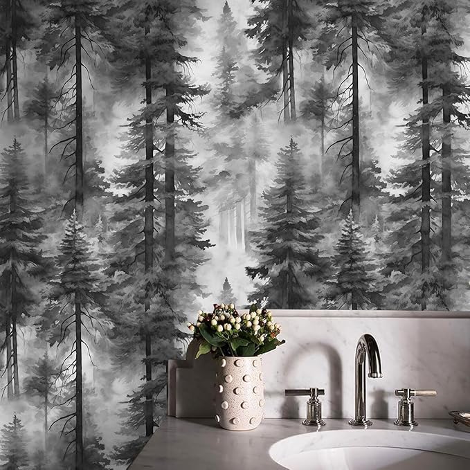 HAOKHOME Forest Peel and Stick Wallpaper Black and White Removable Vinyl Wall Mural for Bathroom Bedroom Accent Wall Self Adhesive Tree Contact Paper 17.3in x 118in