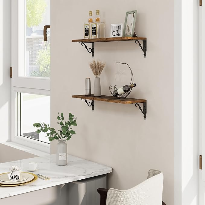 RICHFOCUS Floating Shelves for Wall Decor, 24Inch Shelves Set of 2, 24W x 8D Floating Shelves Wall Mounted with Metal Brackets, Rustic Wood Shelves for Living Room Bedroom Kitchen, Rustic Brown