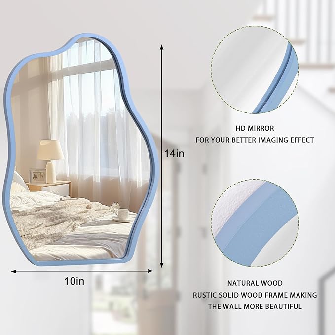 Wall Mirror Blue Asymmetrical Mirror Modern Wood Frame Unique Shape Wall Mounted Vanity Artistic Hanging Mirror Decor for Living Room Bedroom Bathroom Entryway Hallway Small