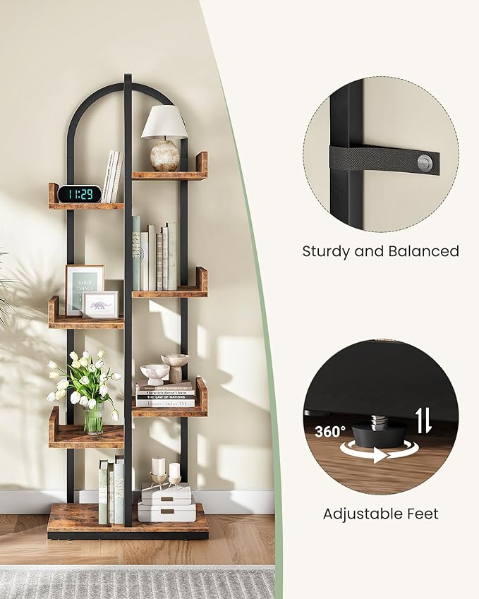 Corner Bookshelf, Curved 6-Tier Bookcase with Anti-Tip Kit, Adjustable Feet and Staggered Shelves for Living Room, Bedroom, Study, Office, Rustic Brown and Black TSJ06BF