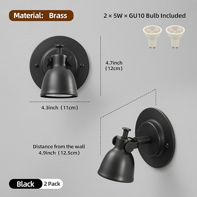 Black Wall Sconces Set of 2 Hardwired - Brass Matte Dimmable Indoor Small Bell Lights Fixtures Decor Set of Two for Bathroom Vanity Bedroom Bedside Hallway Living Room Kitchen Picture Lamp