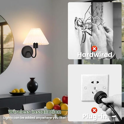 Rechargeable Battery Operated Wall Sconces Set of 2,Black Wall Lights with Remote,Dimmable Wall Lamp with Pleated Shades,15 Colors Wireless Bathroom Vanity Wall Light for Bedroom Living Room Hallway