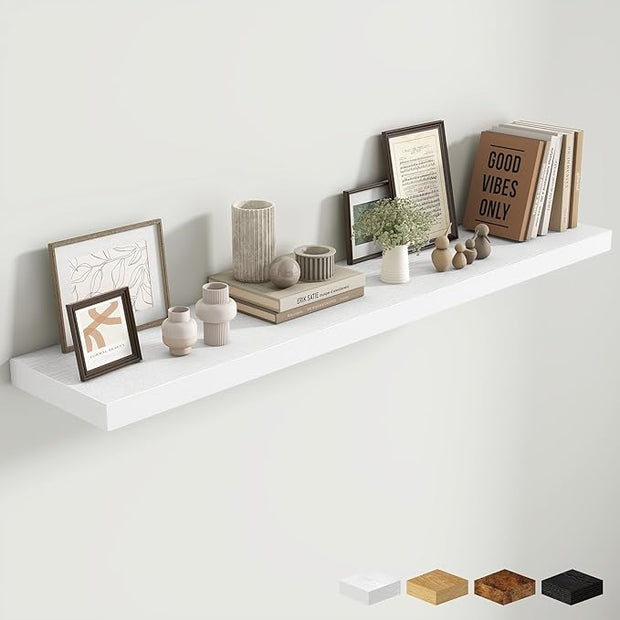 Fun Memories 55 Inch Fireplace Mantel Shelf, 10 Inch Deep Shelves for Display & Wall Storage, Rustic Wood Wall Shelf, Extra Long Floating Shelves for Living Room Laundry Room, White, Set of 1