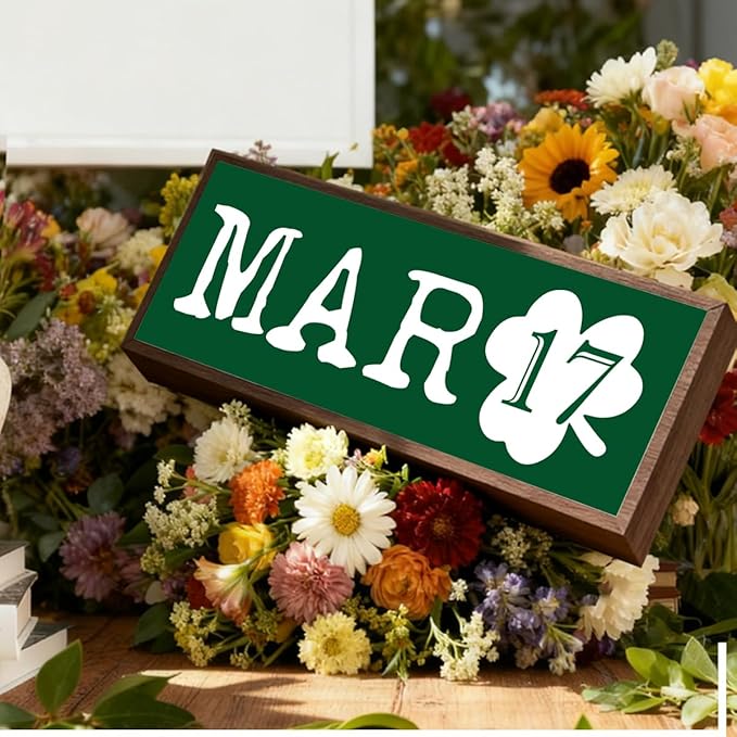 March 17 Table Sign, Lucky Clover Home Decor, St Patricks Day Wooden Tabletop Decors, Shamrock Wooden Box Signs for Home Decor, Decorative Framed Wall Art, 9.5x3.1x1 inches