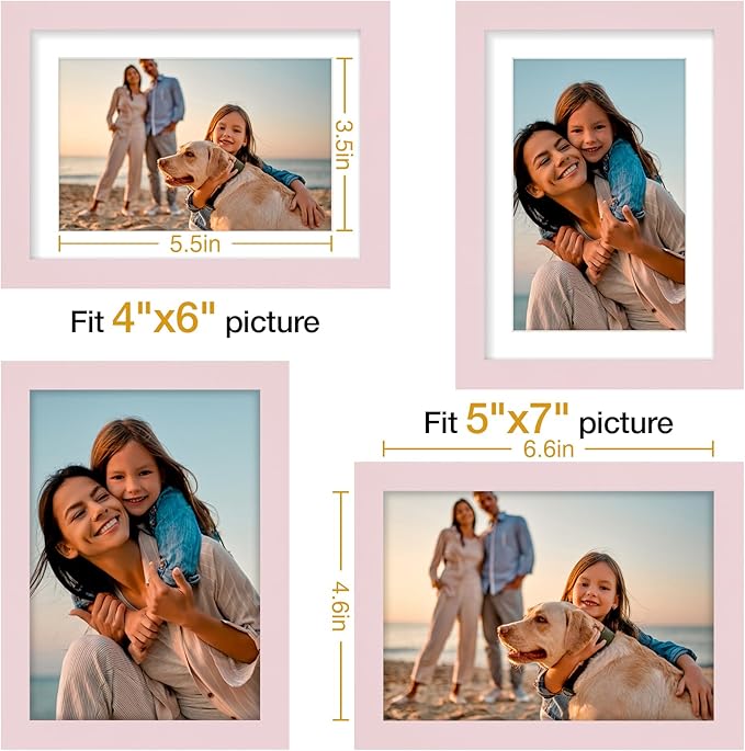 Vittanly 5x7 Picture Frames Set of 4, Display Pictures 4x6 with Mat or 5x7 without Mat, Small Photo Frames for Wall or Tabletop Display, Engineered Wood with Shatter Resistant Plexiglass, Pale Pink