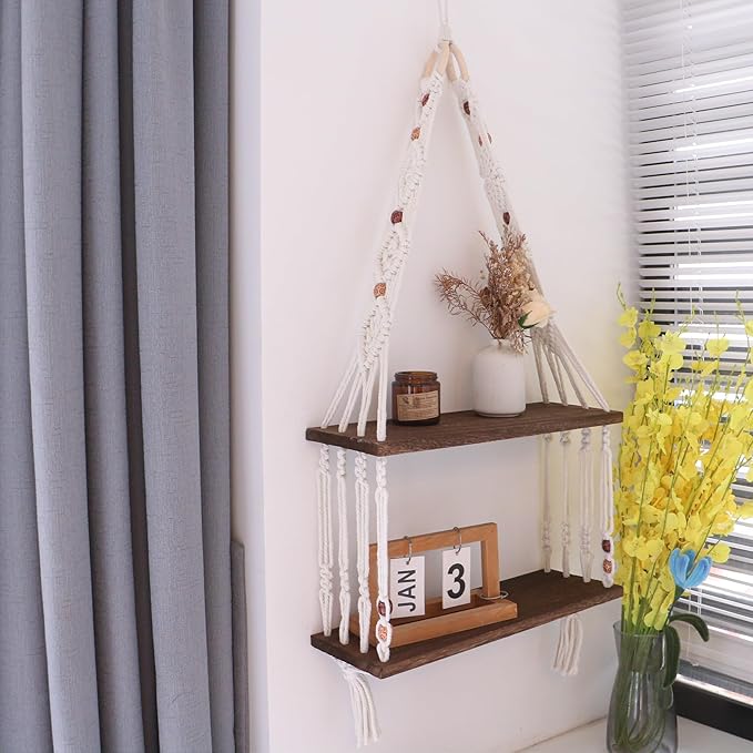 Boho Wall Hanging Shelves Macrame Floating Plant Photos Wood Shelf for Bedroom Living Room Apartment Decor (Black)