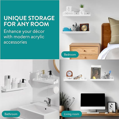 Navaris Opaque White Acrylic Shower Shelves (Set of 2) - Stick On or Screw Mount Adhesive Shelves for Bathroom - No Drilling or Nails Thin Plastic Wall Shelf