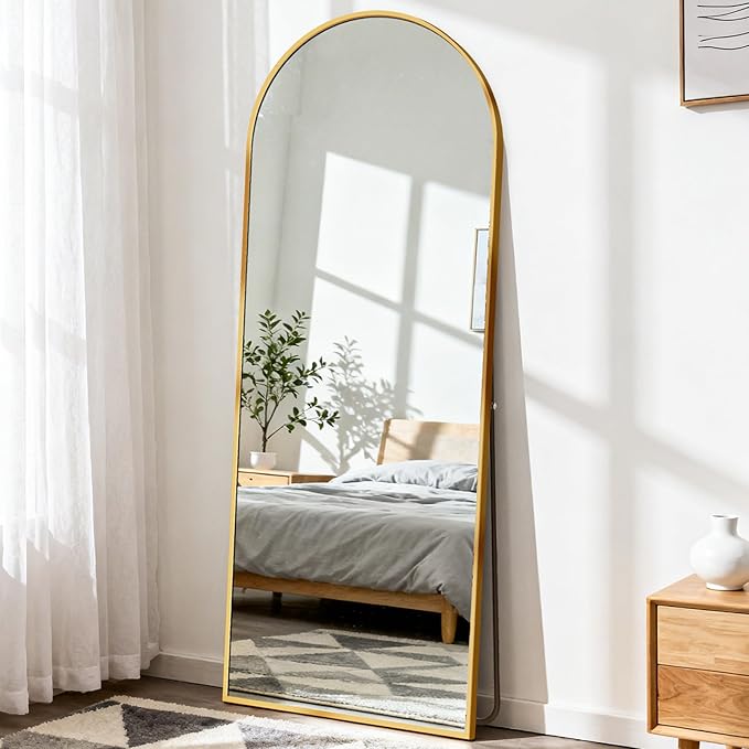 DUMOS Arched Full Length Mirror with Stand Floor Standing Aluminum Frame for Bedroom Body Hanging Leaning Modern Simple Home Decor Shatter-Proorf Nano Glass Wall Living Room Cloakroom Gold 59