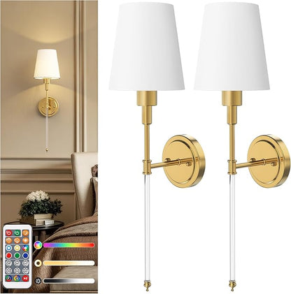 DORESshop Battery Operated Wall Sconce Set of 2, Wall Light Wireless Easy to Install, Dimmable and Adjustable Sconce Wall Decor, Rechargeable Wall Lamp for Bedroom, Living Room, Gold and Glass 24.6in