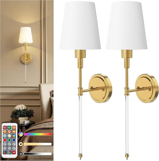 DORESshop Battery Operated Wall Sconce Set of 2, Wall Light Wireless Easy to Install, Dimmable and Adjustable Sconce Wall Decor, Rechargeable Wall Lamp for Bedroom, Living Room, Gold and Glass 24.6in