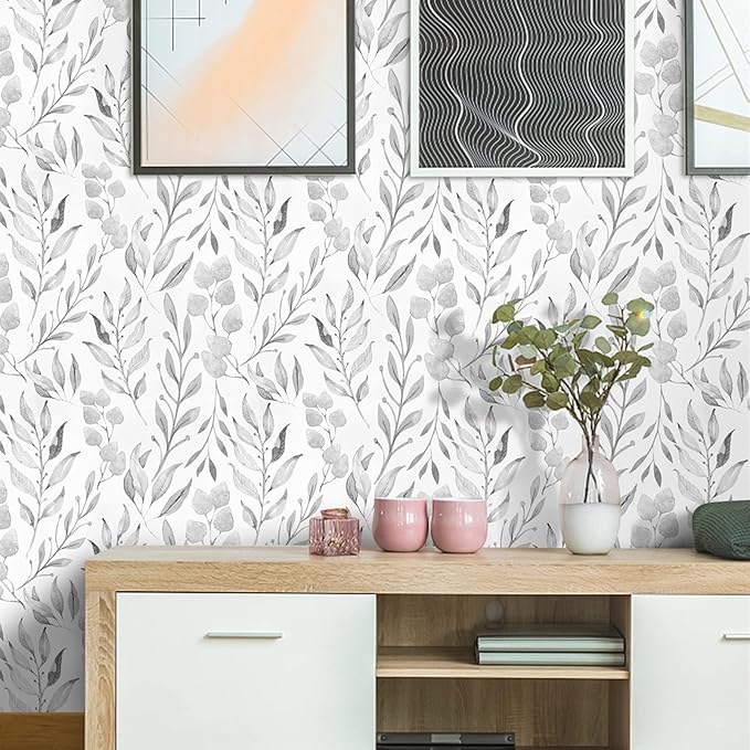 WENMER Gray Leaf Wallpaper Floral Peel and Stick Wallpaper 17.7
