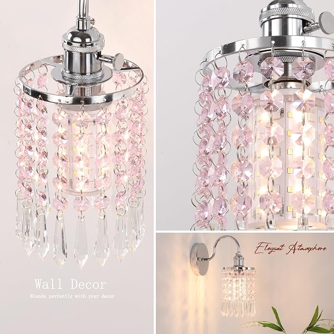 Set of 2 Crystal Battery Operated Wall Sconce, Rechargeable Battery Powered Wall Lamp with Remote Control, Modern Dimmable Wall Lights for Bedroom Bathroom(Pink, Silver Base)
