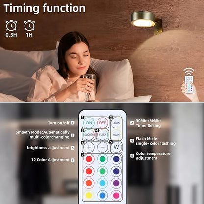 2 Pack Wireless Picture Lights for Wall, Magnetic Gold Picture Light Battery Operated with Remote, Dimmable Painting Light for Art Display, RGB Rechargeable Wall Lights for Photo Frame Gallery