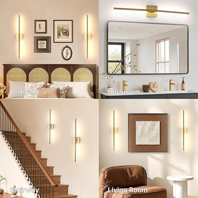 Battery Operated Wall Sconce Set of 2, 10400mAh Rechargeable Wall Sconces, 3000K-6000K Dimmable, 350°Rotate, Indoor Wall Lights for Bedroom Living Room Bathroom, Gold, 31.5 Inch