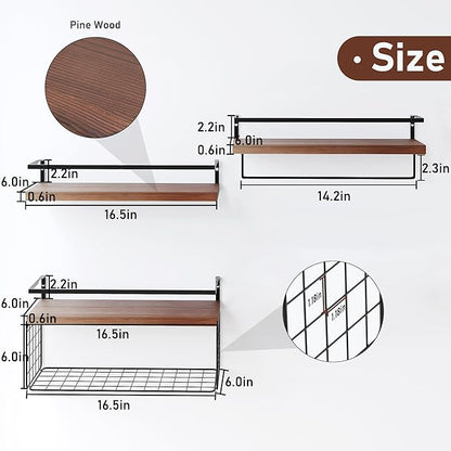 Wood Floating Shelves Wall Mounted - 3+1 Tier Rustic Bathroom Shelves Over Toilet with Wire Storage Basket &Towel Bar, Set of 3 Farmhouse Floating Shelf for Bathroom,Kitchen,Bedroom,Dark Brown.