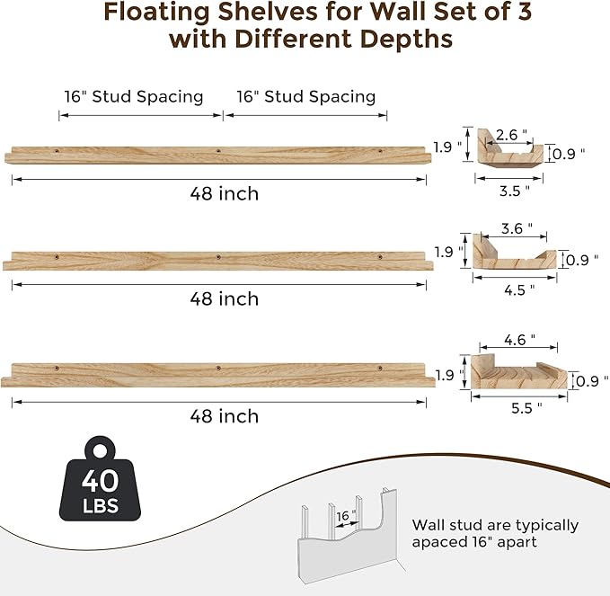 RICHFOCUS Floating Shelves for Wall, 48 inch Solid Wood Picture Ledge Shelf for Wall Storage, Nursery Book Shelves with Lip for Living Room Bathroom Bedroom Kitchen, Set of 3, Carbonized Black