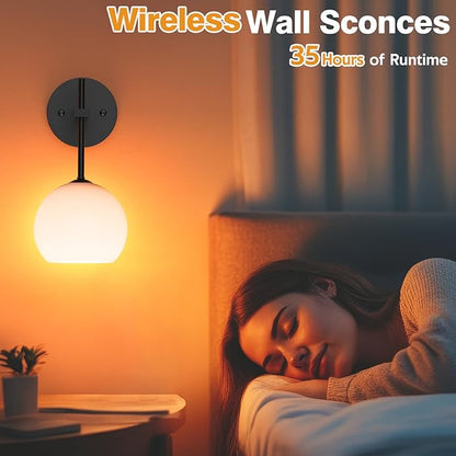 MOITA Wall Sconces Set of Two, Wireless Battery Operated Wall Decor with Remote, Sconces Wall Lighting with Glass Shade, Upward and Downward Installation, 12 RGB Colors and 3 CCT Options