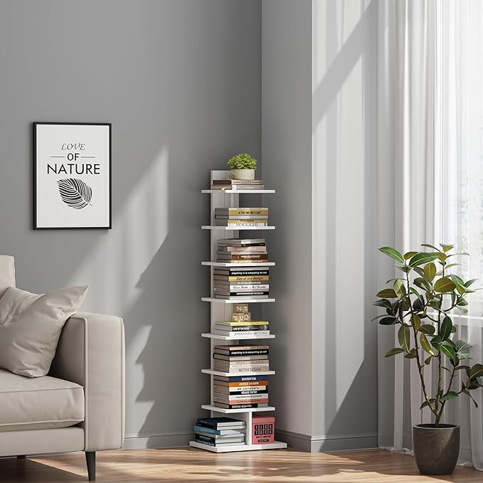 TUTOTAK Narrow Bookshelf, 8-Tier Bookcase, Spine Book Shelf for Small Space, Corner Standing Shelf for Living Room, Office, Study, Entryway, White BS06BW008