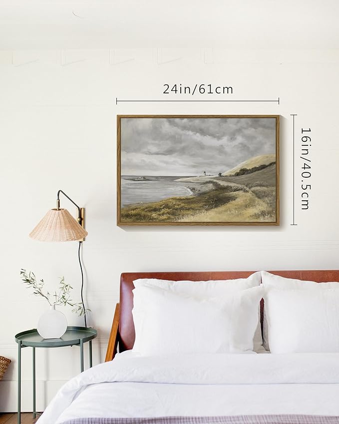 SHENIFY 16x24in Large Coastal Framed Canvas Wall Art Vintage Landscape Seascape Classic Hallway Bedroom Bathroom Living Room Decor - Natural Framed