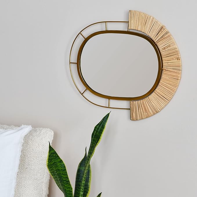 Main + Mesa Oval Modern Boho Metal and Cane Framed Wall Mirror, Natural