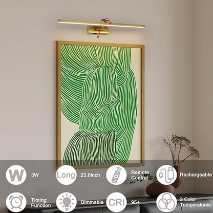 Wireless Picture Lights for Wall Battery Operated, Brass Art Lighting for Paintings Rechargeable Gallery lights with Remote and Timer 3CCT Dimmable Painting Lights for Artwork Portrait 23.6 inch