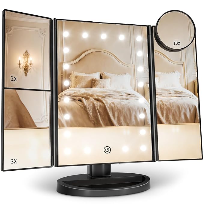 HUONUL Makeup Mirror, Vanity Mirror with Lights, 2X/3X/10X Magnification, Touch Control, Trifold, Dual Power Supply, Valentines Day Gifts for Her,Gifts for Women, Wife, Mom, Girls,Dorm Room Essentials