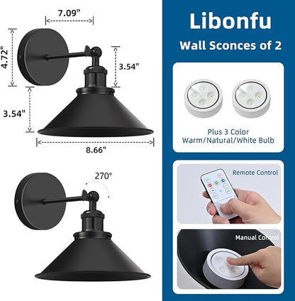 Battery Operated Wall Sconce Set of 2,Vintage Sconces Wall Decor Set of 2 with Remote,Dimmable Wall Lights for Living Room,Wall Lamp Fixture Indoor Bedroom Farmhouse Gallery Kitchen,Black