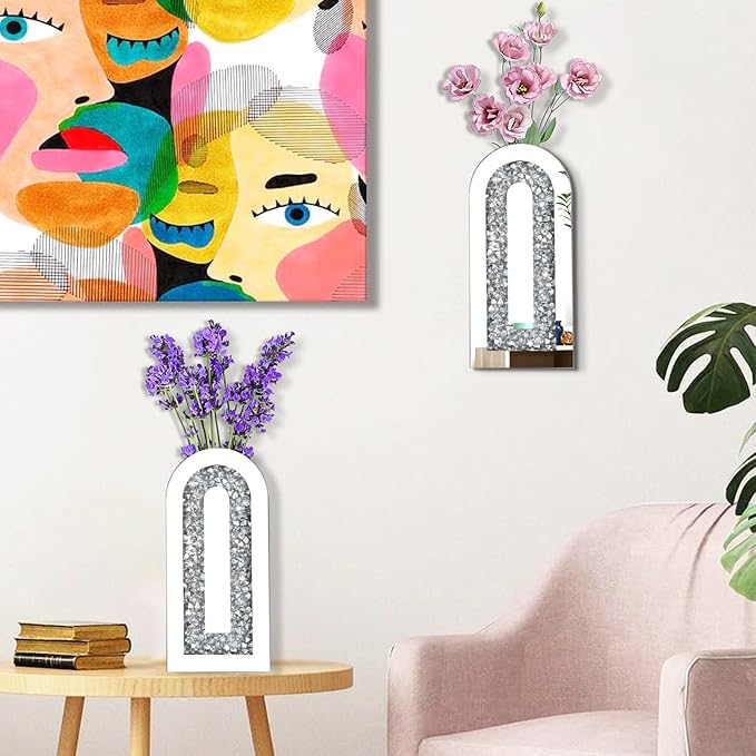Crushed Diamond Mirrored Wall Decor Vase Crystal Silver Mirror Flower Vase Stunning Decor Glass Hanging Planter for Home Decor Living Room Dining Bedroom Hallway Wall Decor.Can't Hold Water(2 Set)