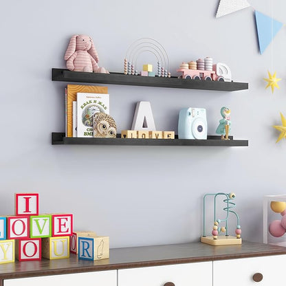 Picture Ledge Shelf Wall, 36 inch Solid Ash Wood Nursery Book Shelves 2 Packs, Floating Ledge Shelves for Kids' Room Bedroom Bathroom Living Room Photo Frames Office Nursey Wall Decor, Black