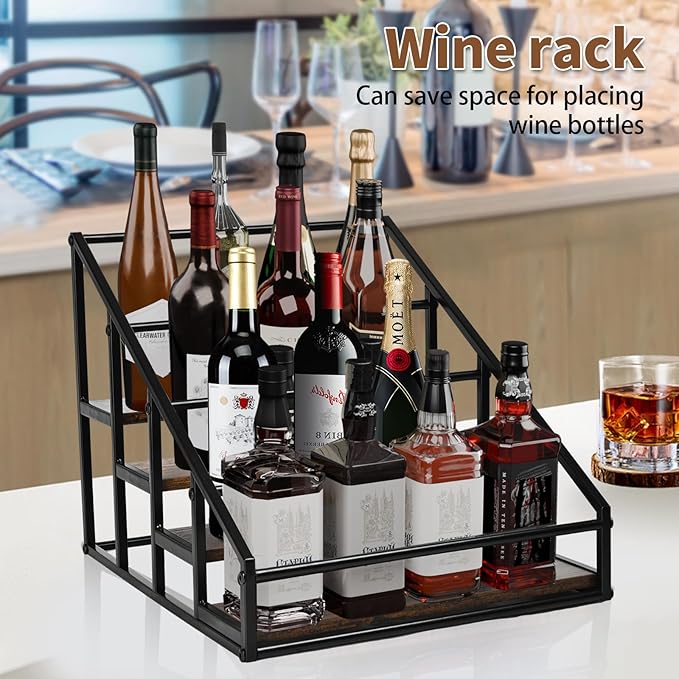 Coffee Syrup Rack Organizer,Liquor Bottle Display Shelf,Water cup display stand,Spice Rack Kitchen Cabinet Organizer,Rustic Brown,2 Packs 4 Tier 16 Bottle Coffee Syrup Holder