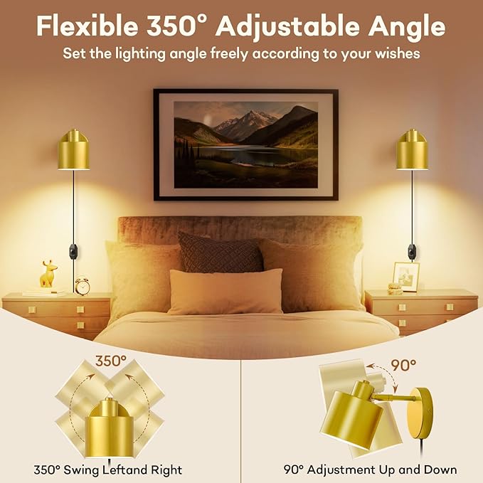 Lightess Plug in Wall Sconce with Switch, Dimmable Wall Lamp Plug in 350° Rotatable, Gold Wall Mounted Light for Restaurants Living Room Bedroom Stairway((Bulb Not Included)