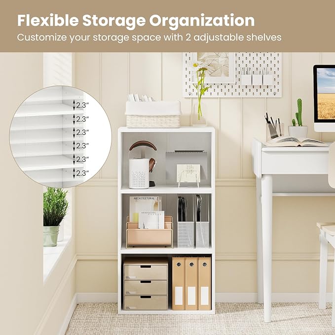 Giantex 3 Tier Bookshelf, White Bookcase 3 Shelf, Open Cube Storage Orginazer Cabinet, Multi-Functional Home Office Bedroom Furniture Display Book Shelf