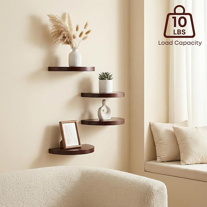Small Wood Floating Shelves (4-Pack, 6-inch Diameter) - Round Sturdy Invisible Wall Mount Display for Small Plants,Toys,Bathroom,Living Room Storage & Modern Rustic Décor (Dark Walnut)