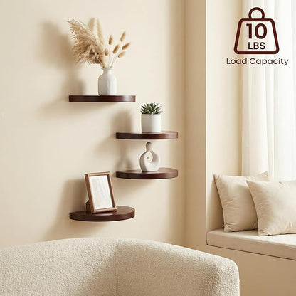 Small Wood Floating Shelves (4-Pack, 6-inch Diameter) - Round Sturdy Invisible Wall Mount Display for Small Plants,Toys,Bathroom,Living Room Storage & Modern Rustic Décor (Dark Walnut)