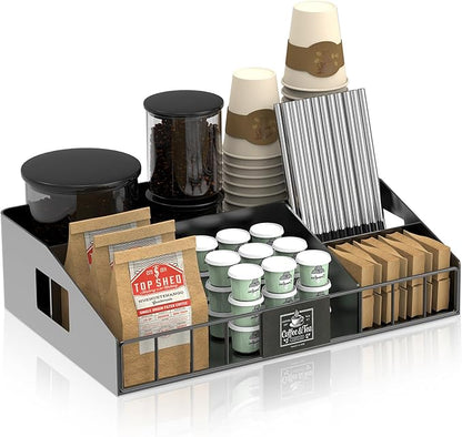 Metal Coffee Station Organizer for Countertop - Coffee Bar Organizer with Designable DIY Logo, K Cup Pods Holder & Tea Condiment Storage - Rustic Breakroom Kitchen Decor in Balck （1 Pcs）