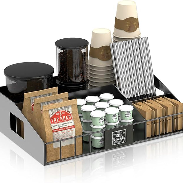 Metal Coffee Station Organizer for Countertop - Coffee Bar Organizer with Designable DIY Logo, K Cup Pods Holder & Tea Condiment Storage - Rustic Breakroom Kitchen Decor in Balck （1 Pcs）