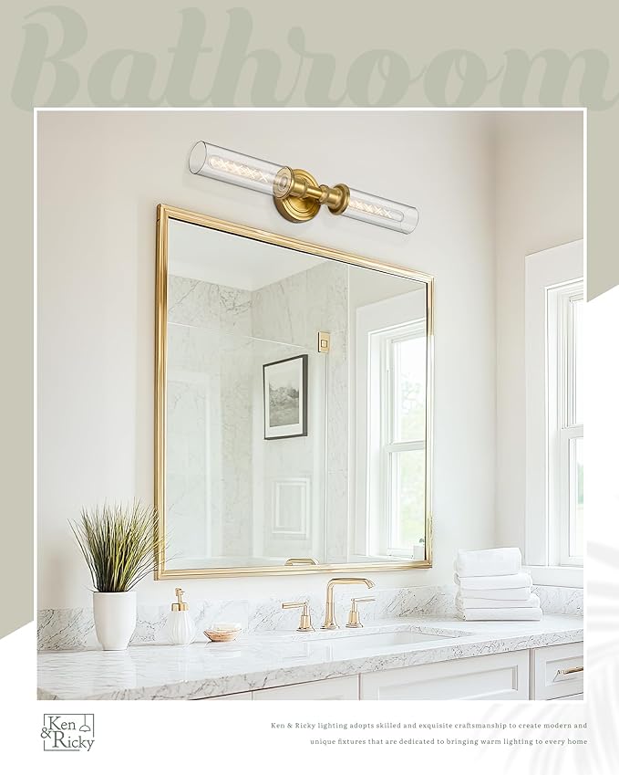 Ken & Ricky 24In Wall Sconces Set of Two, Brushed Gold Bathroom Sconces Wall Lighting with Clear Glass, Vanity Lights for Bathroom Bedroom Living Room Hallway KR3376-W-BG-2PK