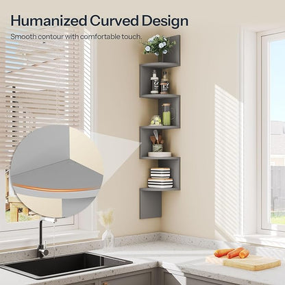 HOOBRO Corner Shelf Wall-Mounted, Set of 2 Floating Corner Shelves, 5-Tier Bookshelves for Wall Decor in Living Room, Bedroom, Home Office, Dove Gray GY26BJP201