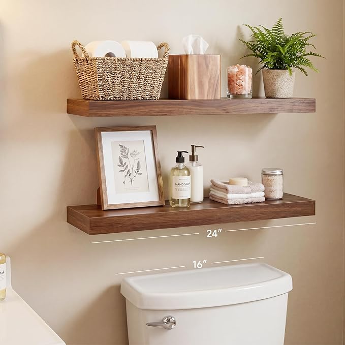 INHABIT UNION Walnut Floating Shelves for Wall, 24 in Wall Mounted Shelves Perfect for Bedroom, Bathroom, Living Room and Kitchen Decoration Storage（Set of 2）
