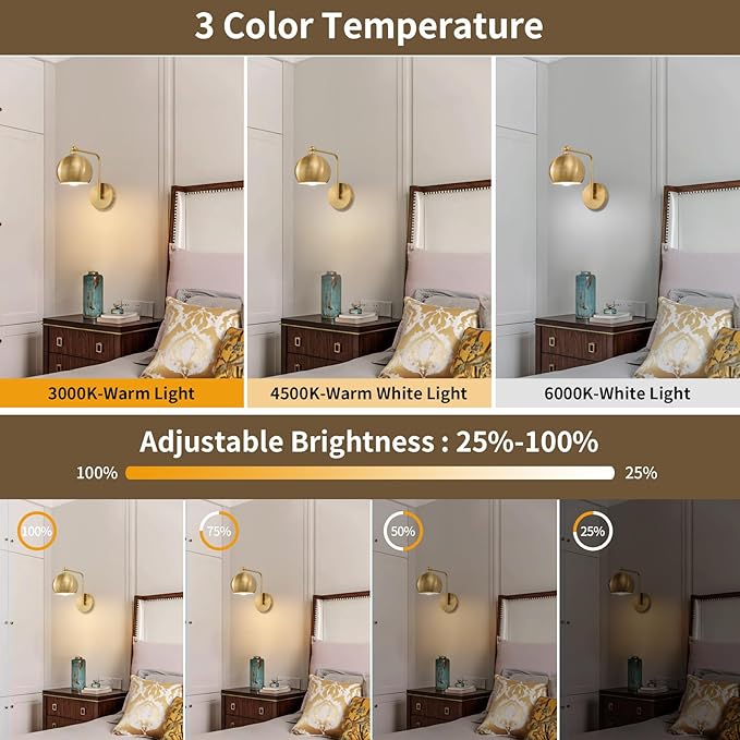 Gold Battery Operated Wall Sconces Set of 2, Rechargeable Cordless Wall Light Fixture with Remote, Dimmable Wireless Battery Powered Wall Decor Lighting Lamp for Bedroom Living Room